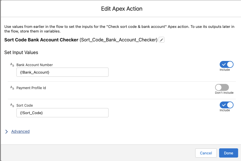 Sort code and bank account Apex Action parameters