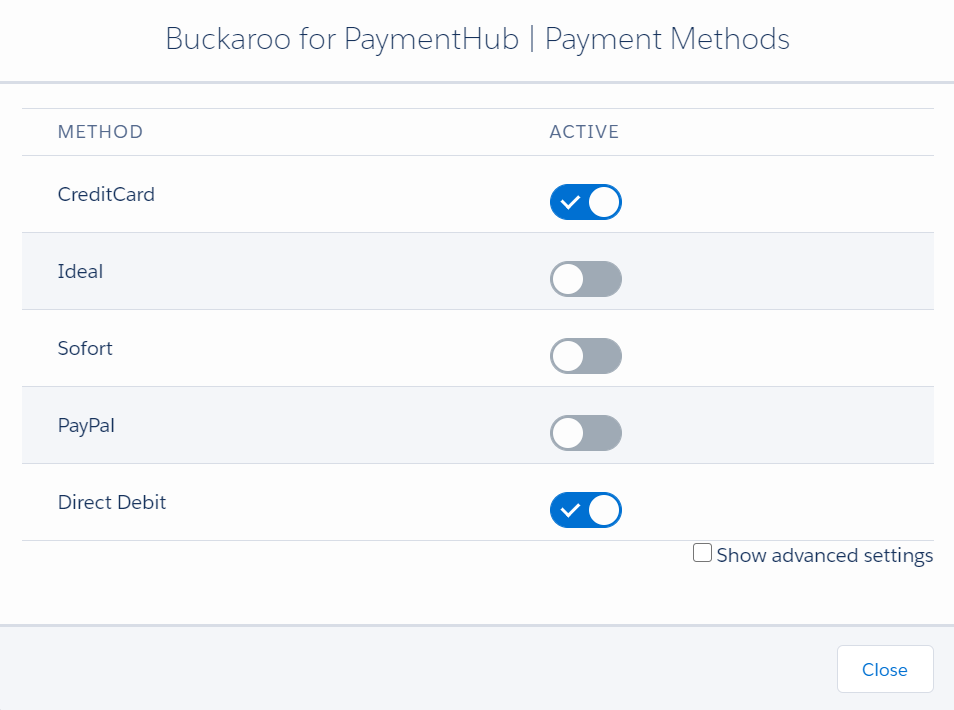 Activating payment methods for Buckaroo