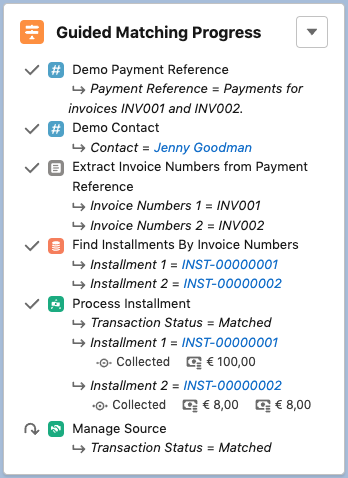 Guided Matching progress component with installment payment details