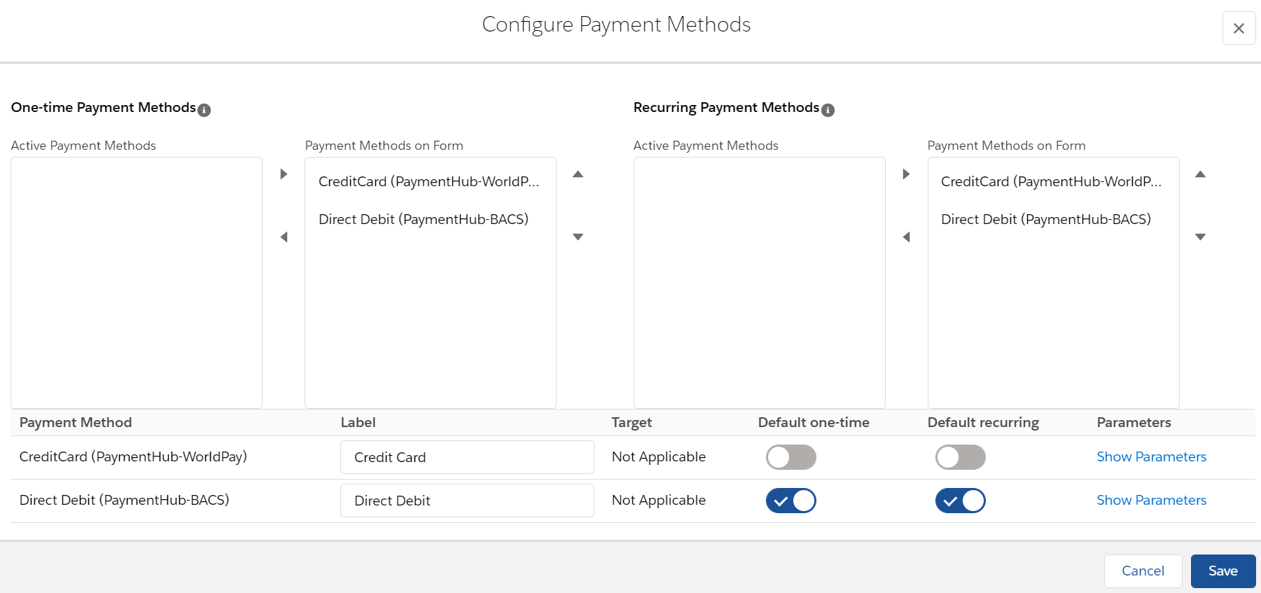 Payment Form payment methods configuration