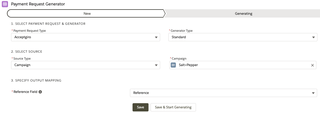 Payment Request Generator mapping for Standard type, Campaign source