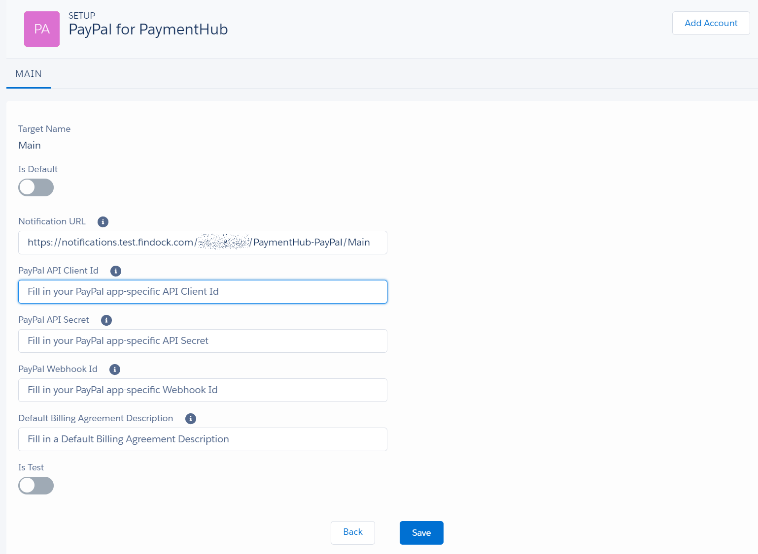 PayPal extension settings in FinDock