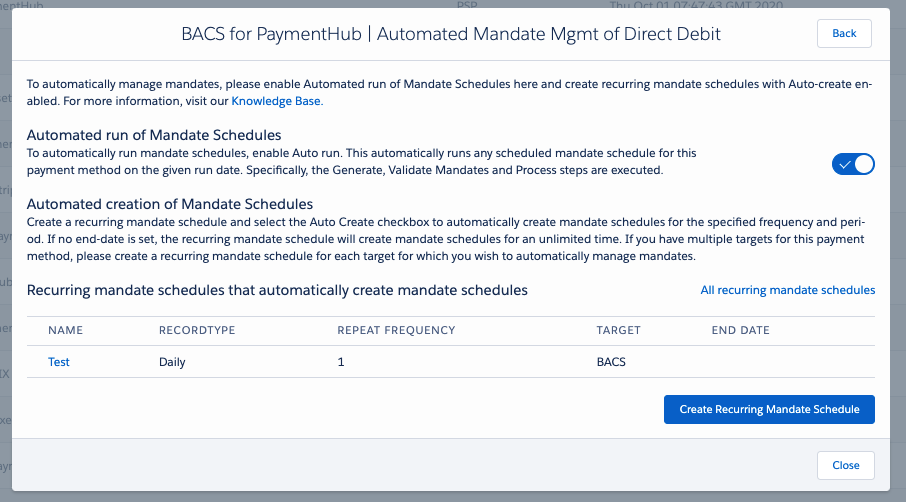 Recurring mandate schedules for a specific payment method